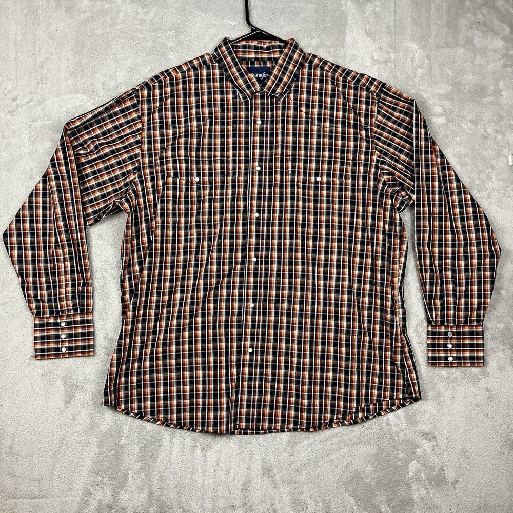 Wrangler Shirt Mens 2XL Orange Black Plaid Western Pearl Snap Long Sleeve Cowboy